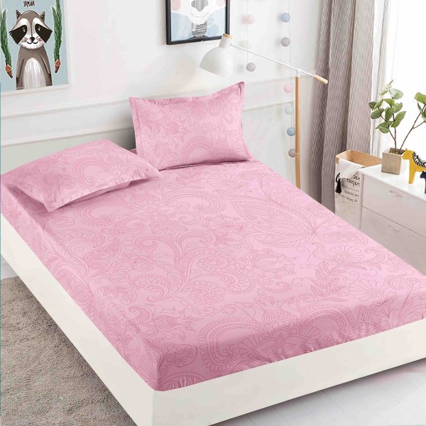 Cearsaf cu elastic, Bumbac FINET, 160/180x200cm, 2 fete de perne 50x70cm, Jojo Home, Roz, model floral [1]