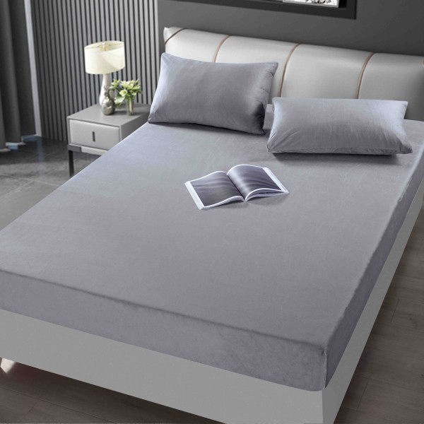 Cearsaf cu elastic, CATIFEA, 160/180x200cm, 2 fete de perne 50x70cm, Jojo Home, Uni, Gri deschis [1]