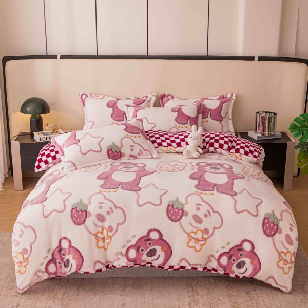 Lenjerie pat 1 PERSOANA, Super Pufoasa COCOLINO, 4 piese, Jojo Home, Roz, ursuleti, capsune, stelute [1]