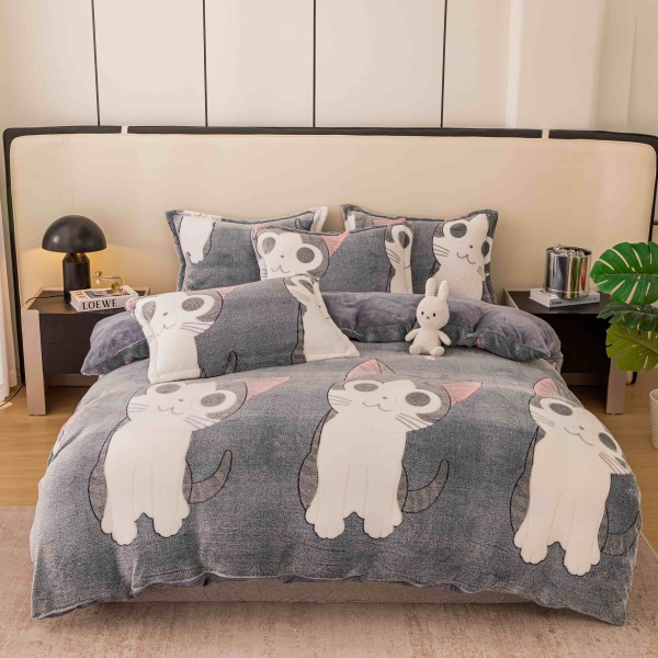 Lenjerie pat 1 PERSOANA, Super Pufoasa COCOLINO, 4 piese, Jojo Home, Gri, pisici [1]