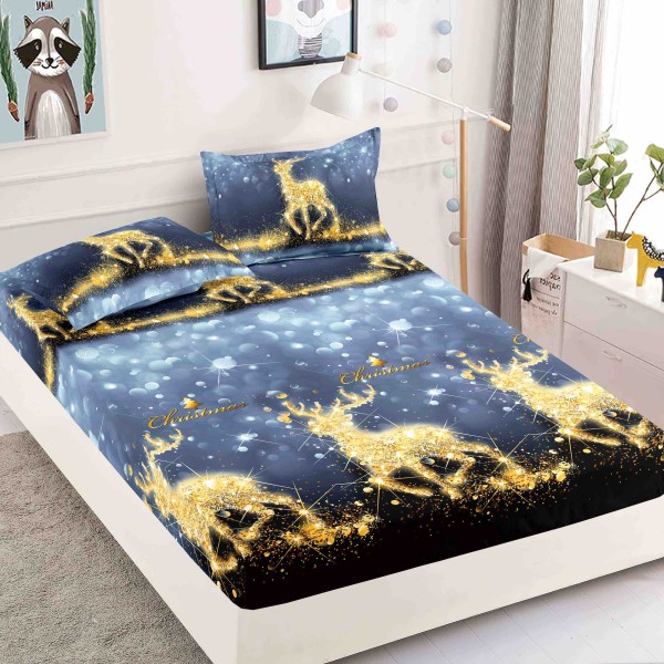 Cearsaf cu elastic, Bumbac FINET, 160/180x200cm, 2 fete de perne 50x70cm, Jojo Home, Craciun, Bleumarin, reni [1]