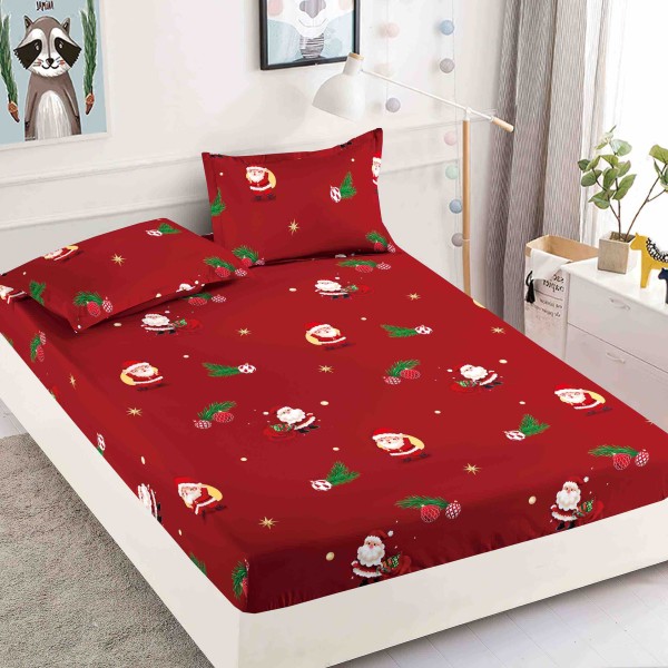 Cearsaf cu elastic, Bumbac FINET, 160/180x200cm, 2 fete de perne 50x70cm, Jojo Home, Craciun, Rosu, Mos Craciun [1]