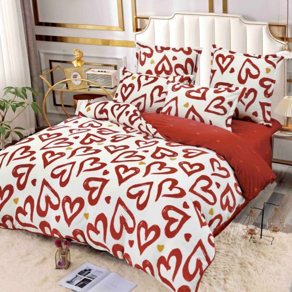 Lenjerie pat dublu, Super Pufoasa COCOLINO, 6 piese, Jojo Home, Crem-Rosu, inimioare [1]