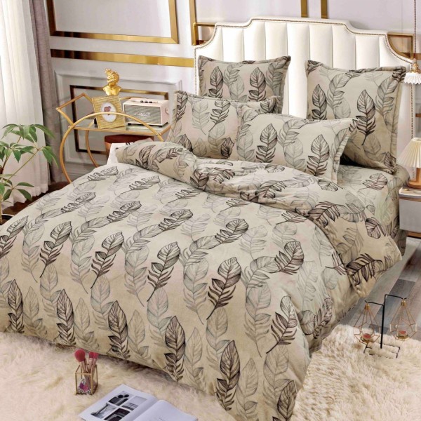 Lenjerie pat dublu, Super Pufoasa COCOLINO, 6 piese, Jojo Home, Bej, frunze [1]