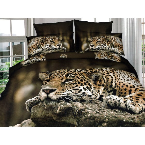 Lenjerie pat dublu, Ralex Pucioasa, Bumbac Satinat, 4 piese, 3D Digital Print Pucioasa, Maro, leopard [1]