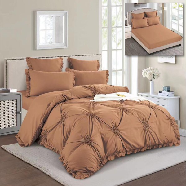 Lenjerie pat dublu,  Soft Touch, 6 piese, ELASTIC, cu VOLANASE si INIMIOARE BRODATE, Maro [1]