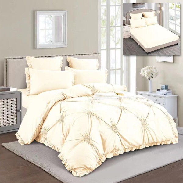 Lenjerie pat dublu,  Soft Touch, 6 piese, ELASTIC, cu VOLANASE si INIMIOARE BRODATE, Crem [1]