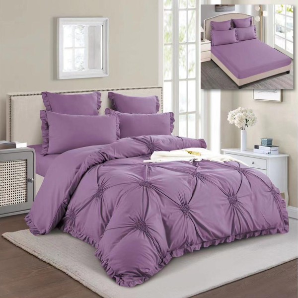 Lenjerie pat dublu,  Soft Touch, 6 piese, ELASTIC, cu VOLANASE si INIMIOARE BRODATE, Mov [1]