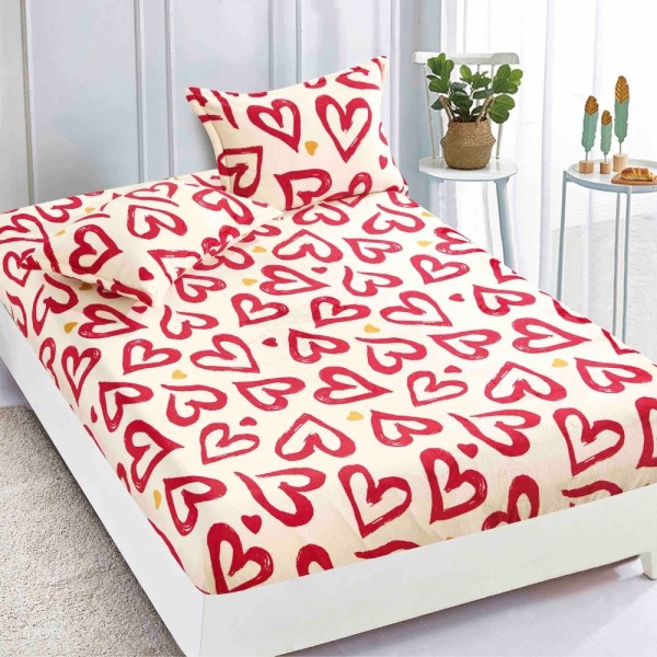 Cearsaf CoCoLiNo, JoJo Home, cu Elastic, 180x200x25cm, 2 fete de perne, 50x70cm, Crem, Rosu, inimioare [1]