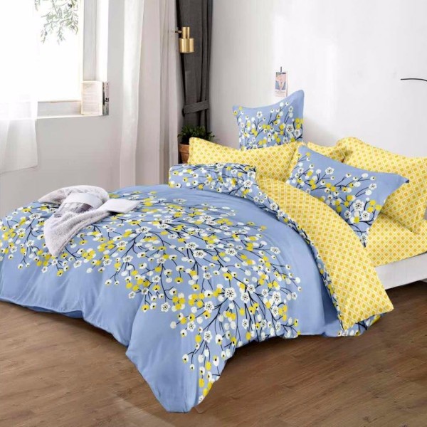 Lenjerie pat dublu (160x200cm, 180x200cm),  FINET, 6 piese, cu ELASTIC, Bleu, flori [1]