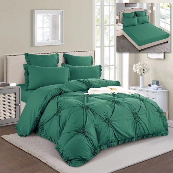 Lenjerie pat dublu,  Soft Touch, 6 piese, ELASTIC, cu VOLANASE si INIMIOARE BRODATE, Verde smarald [1]
