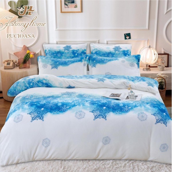 Lenjerie pat dublu, Super Pufoasa COCOLINO, 6 piese, Bleu, fulgi de zapada [1]