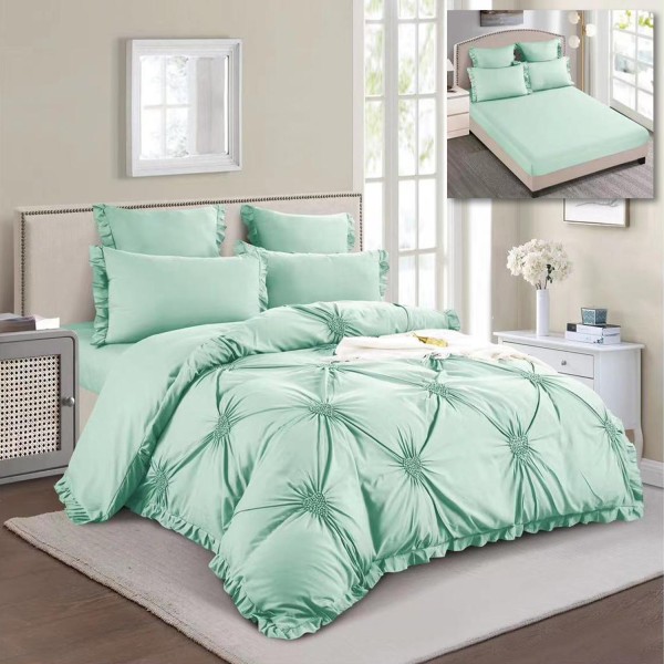 Lenjerie pat dublu,  Soft Touch, 6 piese, ELASTIC, cu VOLANASE si INIMIOARE BRODATE, Verde aqua [1]