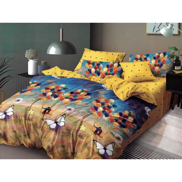 Lenjerie pat dublu, Pucioasa Romania, 4 piese, Bumbac Satinat Superior, Galben, fluturi, baloane [1]