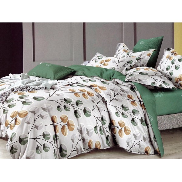 Lenjerie pat dublu, Pucioasa Romania, 4 piese, Bumbac Satinat Superior, Verde, crengute [1]