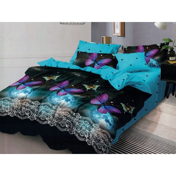 Lenjerie pat dublu, Pucioasa Romania, 4 piese, Bumbac Satinat Superior, Negru-Bleu, fluturi, floral, inimioare [1]