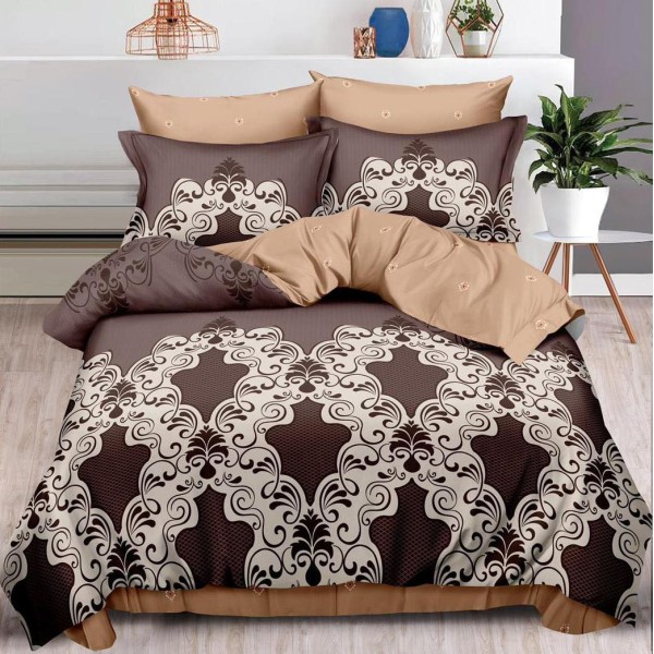 Lenjerie pat dublu (160x200cm, 180x200cm),  FINET, 6 piese, cu ELASTIC, Maro, model oriental [1]