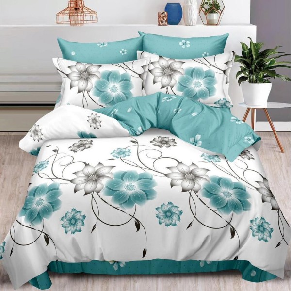 Lenjerie pat dublu (160x200cm, 180x200cm),  FINET, 6 piese, cu ELASTIC, Turquoise, flori [1]