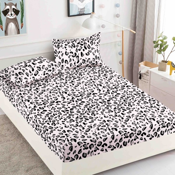 Cearsaf cu elastic, Bumbac FINET, 160/180x200cm, 2 fete de perne 50x70cm, Jojo Home, Gri-Negru, animal print [1]