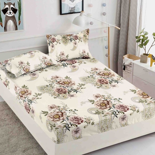 Cearsaf cu elastic, Bumbac FINET, 160/180x200cm, 2 fete de perne 50x70cm, Jojo Home, Bej, flori [1]