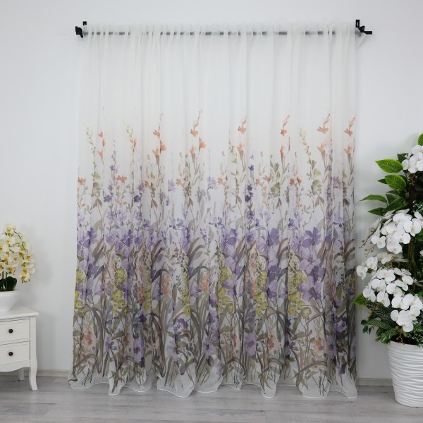 Perdea din matase imprimata - 5m latime x 232cm inaltime x Rejansa pt bara, flori mov [1]