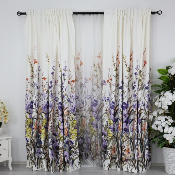 Set 2 Draperii Satinate Imprimate, flori mov, 140cm latime x 260cm inaltime, cu tiv lat pt bara [1]