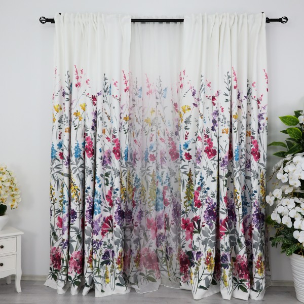 Set 2 bucati de Draperie Satinata imprimata, flori roz si mov, 200cm x 255cm, cu rejansa pt sina [1]