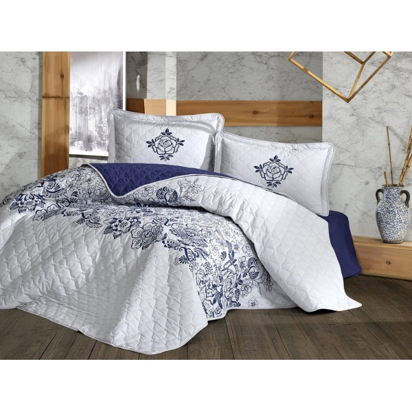 Set cuvertura de pat dublu, 3 piese, Bumbac 100%, 240x260cm, Clasy, MANDORA V1-Darkblue [1]