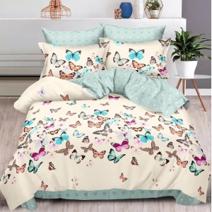 Lenjerie pat dublu, Finet, 6 piese, Bleu, fluturasi