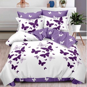 Lenjerie pat dublu (160x200cm, 180x200cm),  FINET, 6 piese, cu ELASTIC, Mov, fluturi