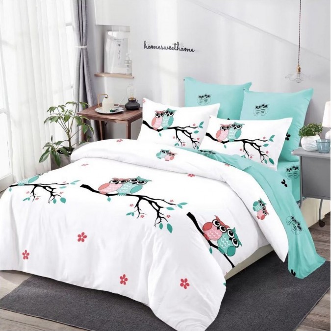 PACHET PROMO COMPLET: Lenjerie pat dublu BUMBAC FINET cu elastic 6 piese Turquoise flori bufnite