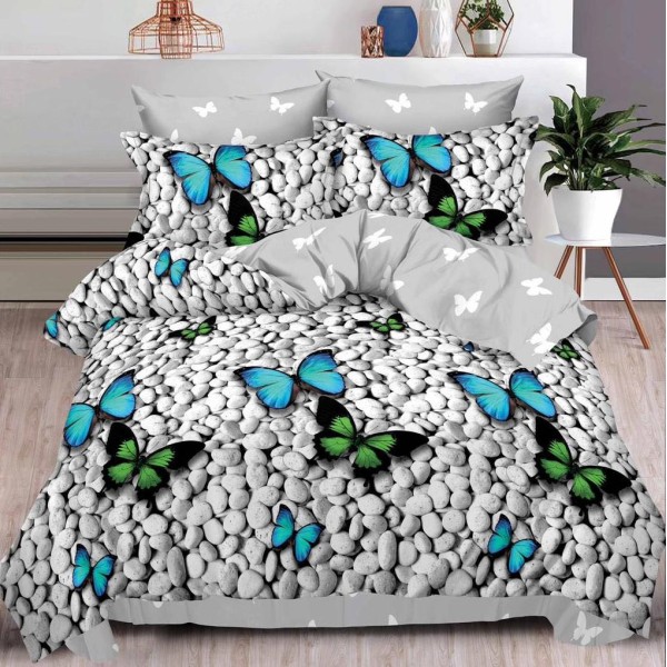 Lenjerie pat dublu (160x200cm, 180x200cm),  FINET, 6 piese, cu ELASTIC, Gri, pietre, fluturi [1]
