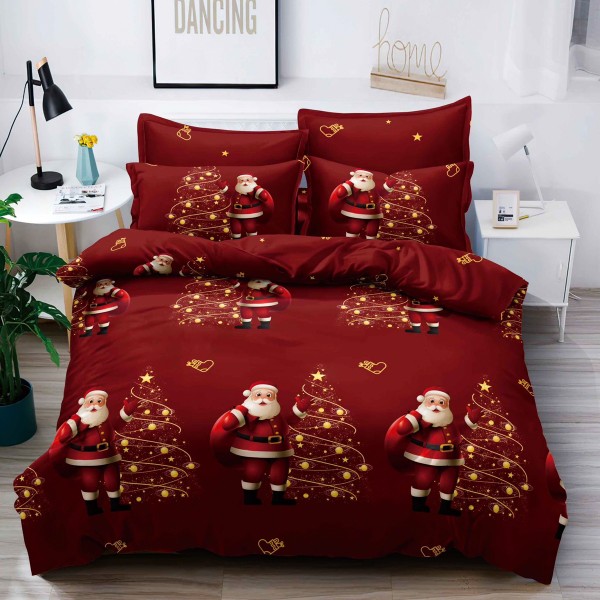 Lenjerie pat 1 PERSOANA,  FINET, 4 piese, Jojo Home, Craciun, Rosu, Mos Craciun [1]