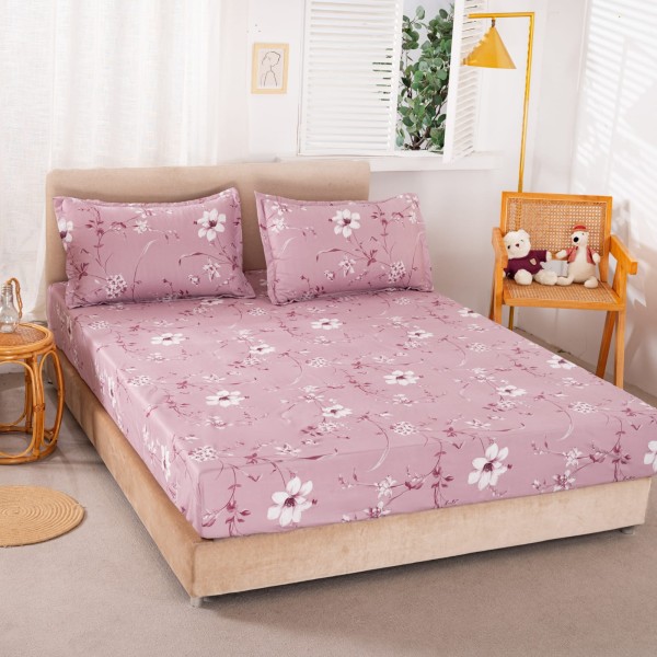 Cearsaf cu elastic, Bumbac Satinat, 160/180x200cm, 2 fete de perne 50x70cm, Roz, flori [1]