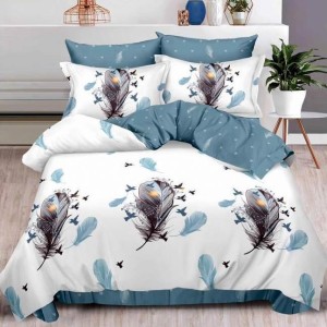 Lenjerie pat dublu, Finet, 6 piese, Albastru, pene