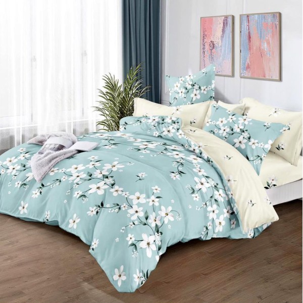 Lenjerie pat dublu (160x200cm, 180x200cm),  FINET, 6 piese, cu ELASTIC, Bleu, flori [1]