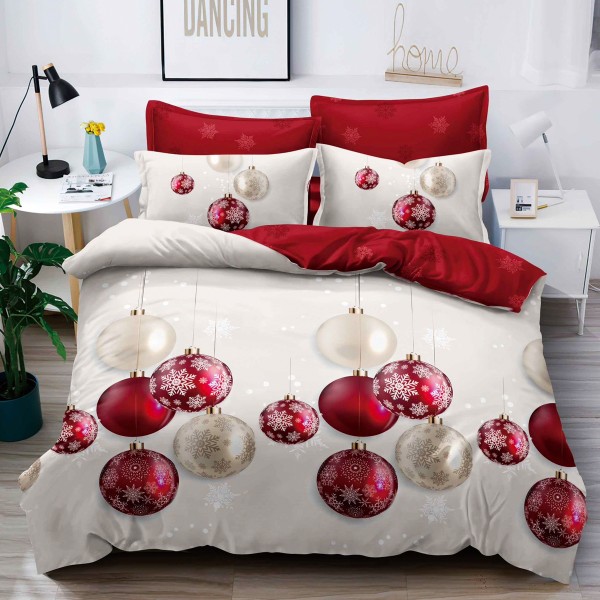 Lenjerie pat 1 PERSOANA,  FINET, 4 piese, Jojo Home, Craciun, Crem - Rosu, globulete [1]