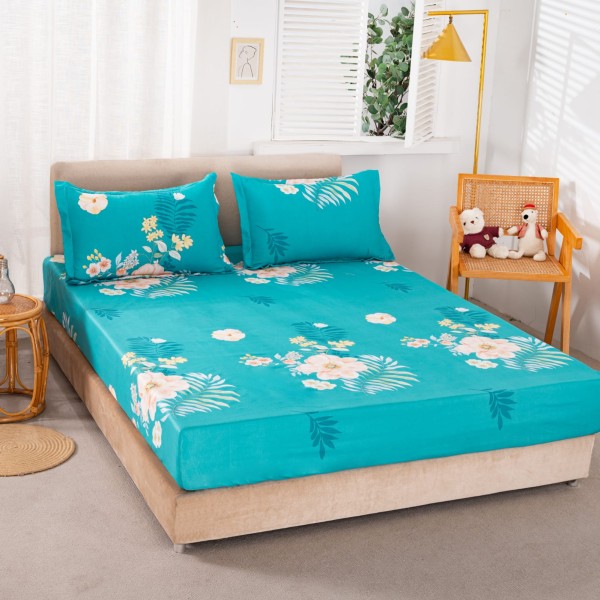 Cearsaf cu elastic, Bumbac Satinat, 160/180x200cm, 2 fete de perne 50x70cm, Turquoise, flori [1]