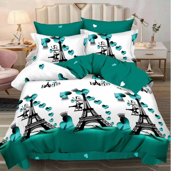 Lenjerie pat dublu (140x200cm, 160x200cm, 180x200cm),  FINET, 6 piese, Verde, inimioare, Turnul Eiffel [1]