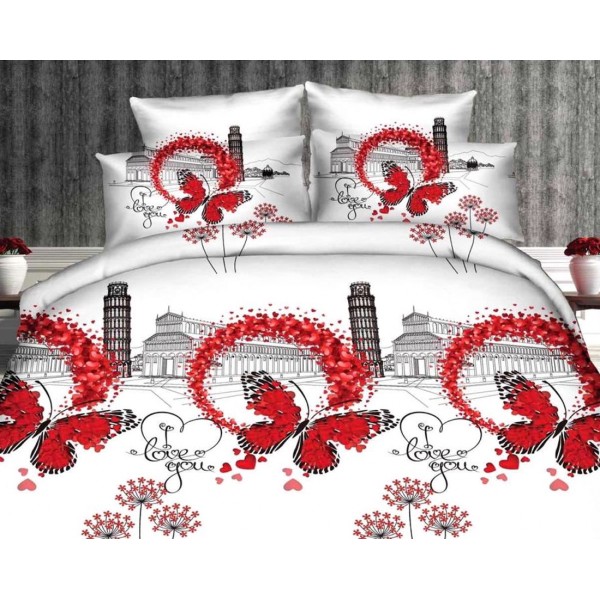 Lenjerie pat dublu (140x200cm, 160x200cm, 180x200cm), cearsaf clasic, imprimeu 3D, Alb-Rosu, fluturi, oras [1]