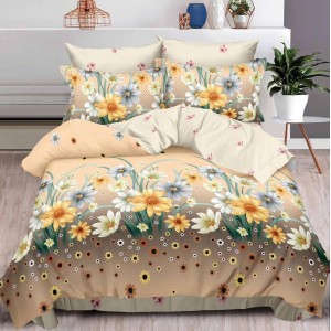 Lenjerie pat dublu, Finet, 6 piese, Bej, flori Lenjerie pat dublu, Finet, 6 piese, Bej, flori