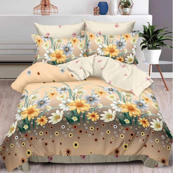 Lenjerie pat dublu (140x200cm, 160x200cm, 180x200cm),  FINET, 6 piese, Bej, flori [1]