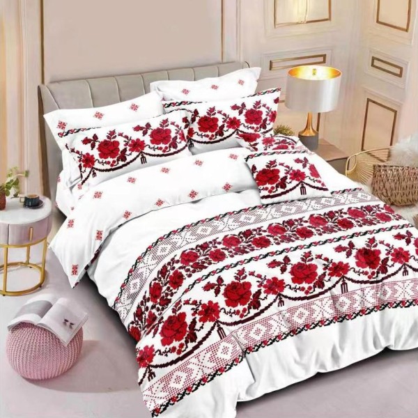 Lenjerie pat dublu (140x200cm, 160x200cm, 180x200cm),  FINET, 6 piese, Alb-Rosu, model traditional [1]