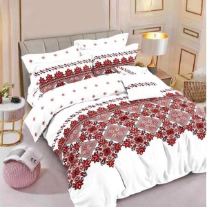 Lenjerie pat dublu (140x200cm, 160x200cm, 180x200cm),  FINET, 6 piese, Alb-Rosu, model traditional