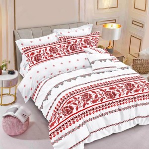Lenjerie pat dublu (140x200cm, 160x200cm, 180x200cm),  FINET, 6 piese, Alb-Rosu, model traditional