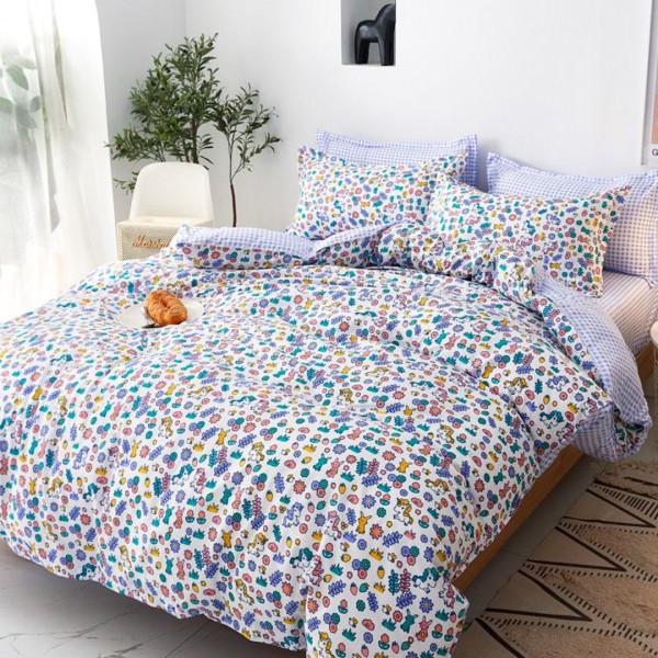 Lenjerie pat dublu (140x200cm, 160x200cm, 180x200cm), bumbac satinat, cearsaf clasic, 4 piese,  Multicolor, flori [1]
