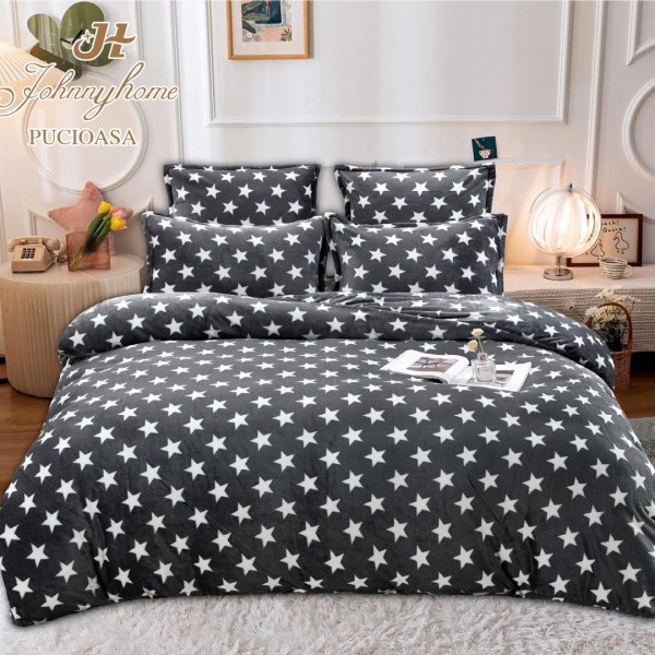 Lenjerie pat dublu, Super Pufoasa COCOLINO, 6 piese, Gri, stelute [1]