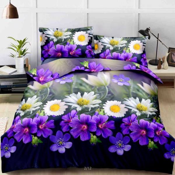 Lenjerie pat dublu (140x200cm, 160x200cm, 180x200cm), cearsaf clasic, imprimeu 3D, Multicolor, flori [1]