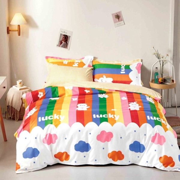 Lenjerie pat dublu (140x200cm, 160x200cm, 180x200cm), bumbac satinat, cearsaf clasic, 4 piese,  Multicolor, dungi, norisori [1]