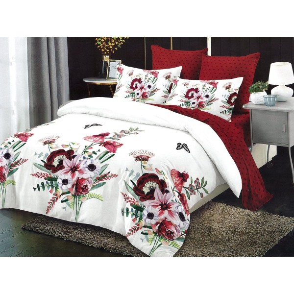 Lenjerie pat dublu, Ralex Pucioasa,  Finet, 6 piese, cu elastic, Alb-Rosu, flori [1]
